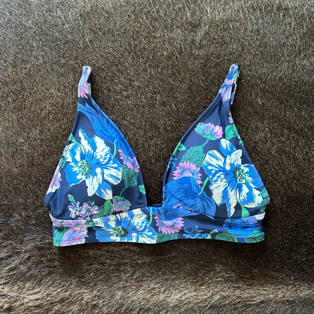J Crew Plunge V-neck Floral Blue Bikini Top - Picture 2 of 4